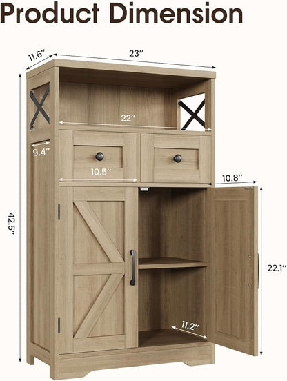 Natural Wood Farmhouse Storage Cabinet Set of 2, Small Kitchen Pantry Cabinet with Drawers and Adjustable Shelves, Sideboard Buffet Coffee Bar Cabinet for Living Room/Dining Room/Bathroom/Home Office
