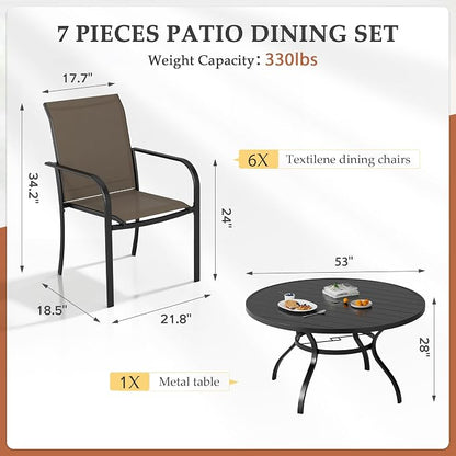 SUNCROWN 7 - Piece Outdoor Dining Set, Patio Furniture Set with 6 x Textilene Dinning Chairs and 53" Metal Round Table with Umbrella Hole for Lawn Garden Backyard Deck, Brown