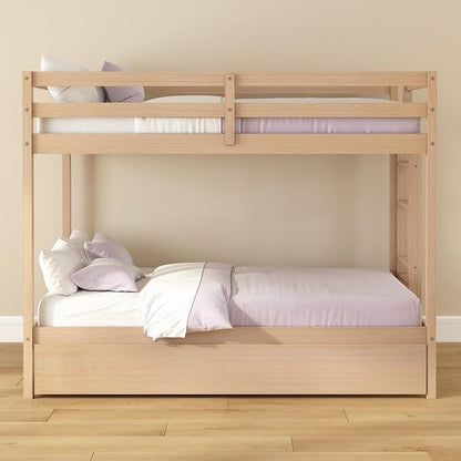 Grain & Grove Bear Twin Over Twin Bunk Bed with Trundle Bed, Sturdy Bunk Bed Frame for Kids, Plywood Bunk with Ladder, Guardrail, and Slats, No Box Spring Required, Oak Embossed Natural
