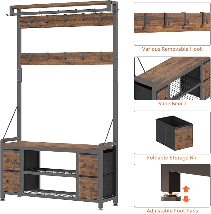 39" Hall Tree with Storage Coat Rack freestanding Entryway Furniture Bench, 5 in 1 Design Front Door Shoe Rack and Wall Rack Hooks, and 4 Drawers (Rustic Brown)