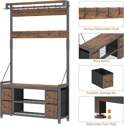 39" Hall Tree with Storage Coat Rack freestanding Entryway Furniture Bench, 5 in 1 Design Front Door Shoe Rack and Wall Rack Hooks, and 4 Drawers (Rustic Brown)