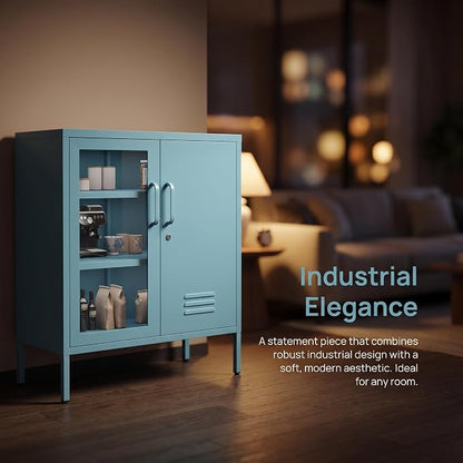 Locking Steel Storage Cabinet Shoe Cabinet for Living Room Bathroom Kitchen Left Glass Door Right Iron Door Blue Size：33" H x 29.5" W x 13.8" D