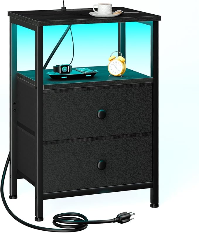 LOAKEKEL LED Night Stand with Charging Station, Small Bedside Table with USB Ports & Outlets, 2 Fabric Storage Drawers with PU Finish for Bedroom, Black, HETS02BK-1