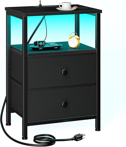 LOAKEKEL LED Night Stand with Charging Station, Small Bedside Table with USB Ports & Outlets, 2 Fabric Storage Drawers with PU Finish for Bedroom, Black, HETS02BK-1