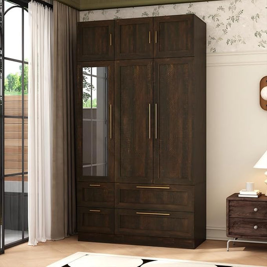 Wardrobe Closet with Mirror, 3 Door Wardrobe with 4 Drawers, Shelves, Hanging Rod, Modern Bedroom Armoire with Gold Handles, Brown Clothes Cabinet, 20.5”D x 47”W x 86.7”H