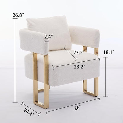 YISHENG Modern Barrel Accent Chairs Set of 2, Living Room Side Chairs with Golden Metal Legs Soft Upholstered Reading Armchairs no Wheels for Vanity/Reception Room//Bedroom/Lounge/Office, White Teddy