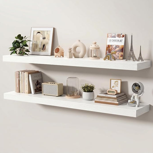 Floating Shelves for Wall, 55 Inch x 8 Inch Deep Wall Mounted Wood Shelf with Invisible Brackets for Storage & Display, Living Room Bedroom Kitchen, White, Set of 2
