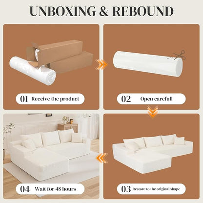 108" L Shaped Cloud Boneless Sectional Couches for Living Room, Modern Comfy Modular Deep Seat Memory Foam Compressed Corduroy Sofa Oversized Left Facing Chaise, No Assembly Required, White