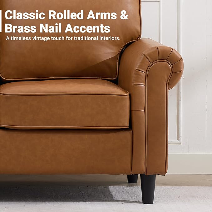 Kingfun Loveseat 2 Seater Couch, Mid Century Modern Faux Leather Sofa with Rolled Arms and Deep Seats, Fluffy Comfort for Living Room, Apartment, Easy Assembly, Brown