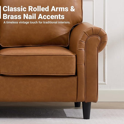 Kingfun Loveseat 2 Seater Couch, Mid Century Modern Faux Leather Sofa with Rolled Arms and Deep Seats, Fluffy Comfort for Living Room, Apartment, Easy Assembly, Brown