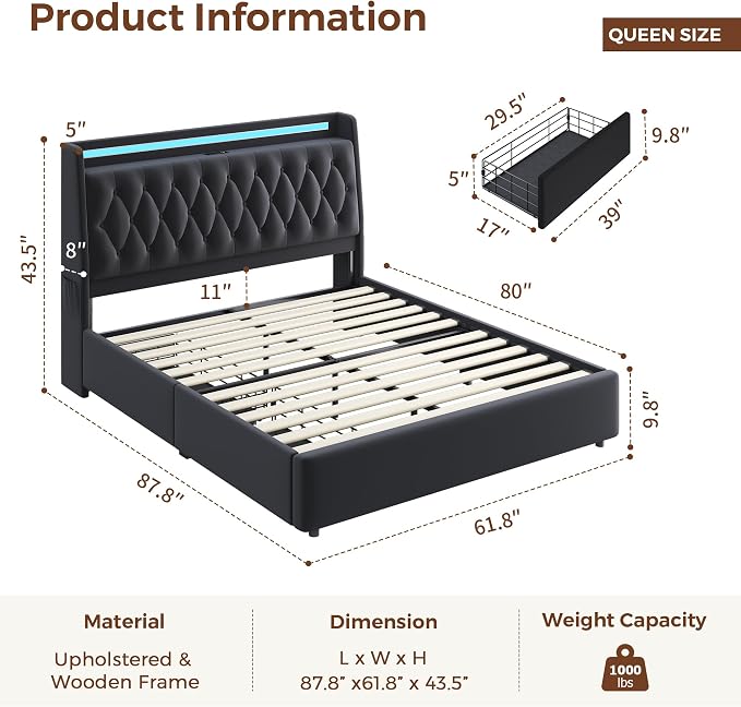 Queen LED Velvet Bed Frame with 2 Storage Drawers&Hidden Headboard, Upholstered Platform Bed with Charging Station&Button Tufted Design, Wooden Slats Support, Box Spring Optional, Easy Assembly, Black