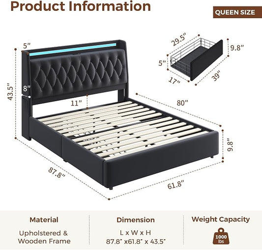 Queen LED Velvet Bed Frame with 2 Storage Drawers&Hidden Headboard, Upholstered Platform Bed with Charging Station&Button Tufted Design, Wooden Slats Support, Box Spring Optional, Easy Assembly, Black