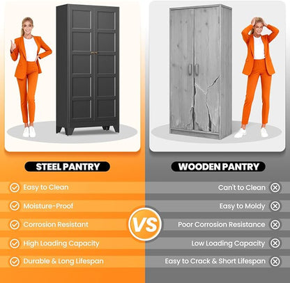 71" Tall Kitchen Cabinet Storage Unit With 2 Doors and 4 Adjustable Shelves, Metal Black Freestanding Cupboard, 5 Tier Kitchen Pantry Storage Cabinet for Kitchen Dining/Living Room/Garage/Home/Office