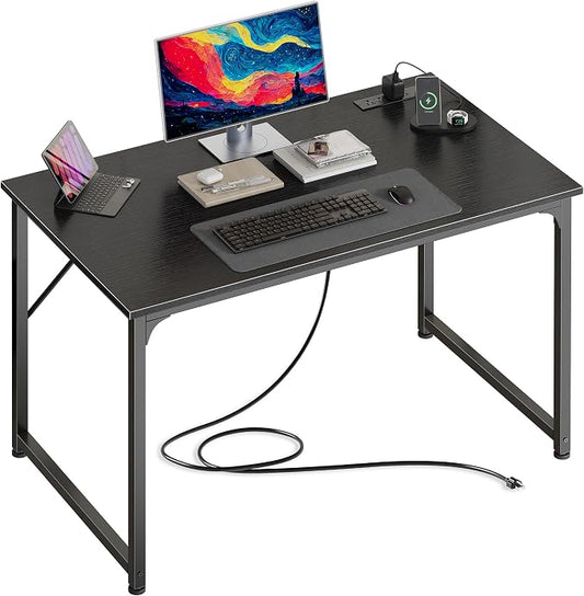 PRAISUN 40 X 24 Inch Deeper Desk with Power Outlets | Small Computer Desk for Bedroom, Office Desk for Work from Home, Writing Study Gaming Table, Stable Metal Frame, Black