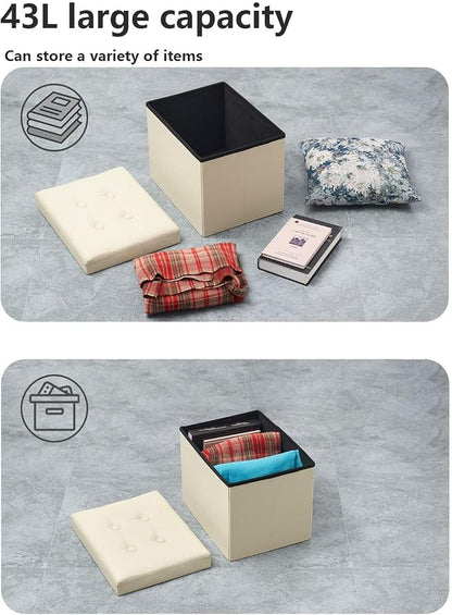 Bsketa Storage Ottoman, Folding Foot Stool with Thicker Foam Padded Seat Small Leather Storage Ottoman Bench Foot Rest for Living Room Foldable Coffee Table 17x13x13in,Beige