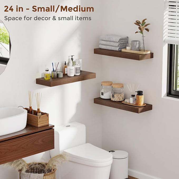Heimlove 32 Inch Floating Shelves for Wall Walnut Shelves Set of 2,Wall Mounted Rustic Wood 8 Inch Deep Floating Shelf with Invisible Brackets for Bedroom Kitchen Living Room