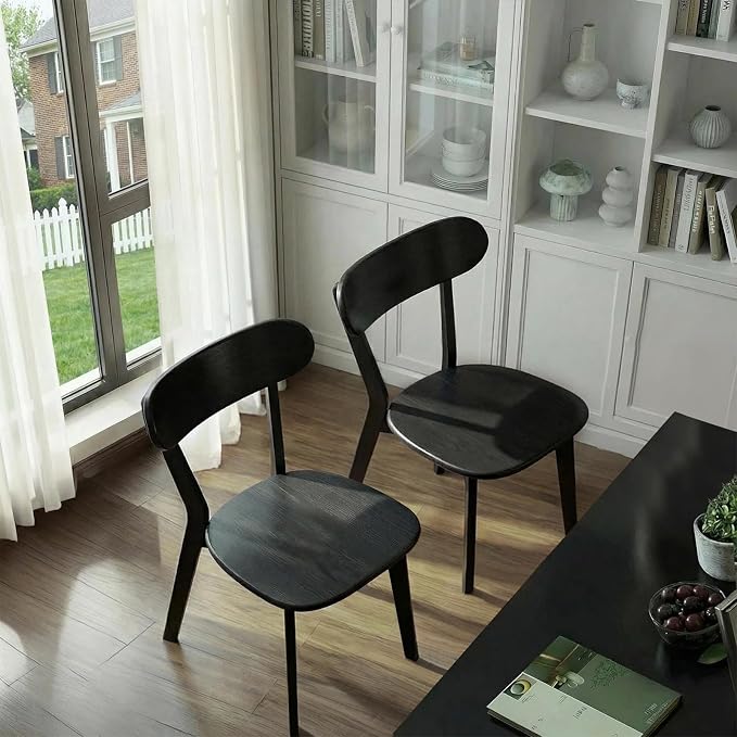 100% Solid Wood Dining Chairs,Mid Century Modern Dining Chairs with Rounded Backrest,Kitchen,Dining Room Chairs Set of 1/2/4 (6, Black Color)