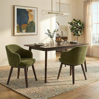 KISLOT Wooden Dining Chairs Set of 2, Fabric Upholstered Modern Dining Room Chairs with Barrel Backrest & Double-Layer Thick Cushion for Living Room, Restaurant, Kitchen and Café, Green