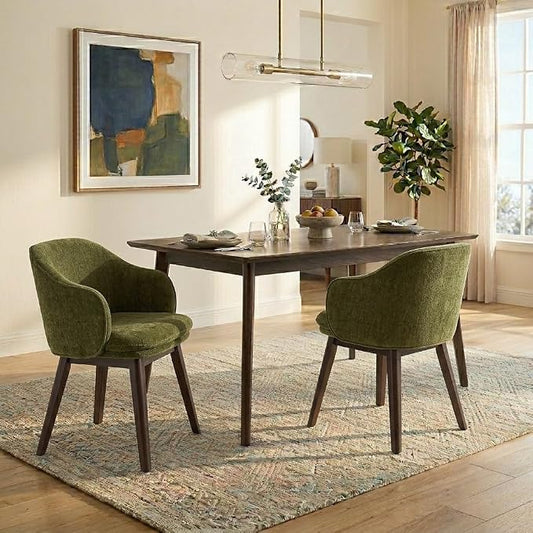 KISLOT Wooden Dining Chairs Set of 2, Fabric Upholstered Modern Dining Room Chairs with Barrel Backrest & Double-Layer Thick Cushion for Living Room, Restaurant, Kitchen and Café, Green