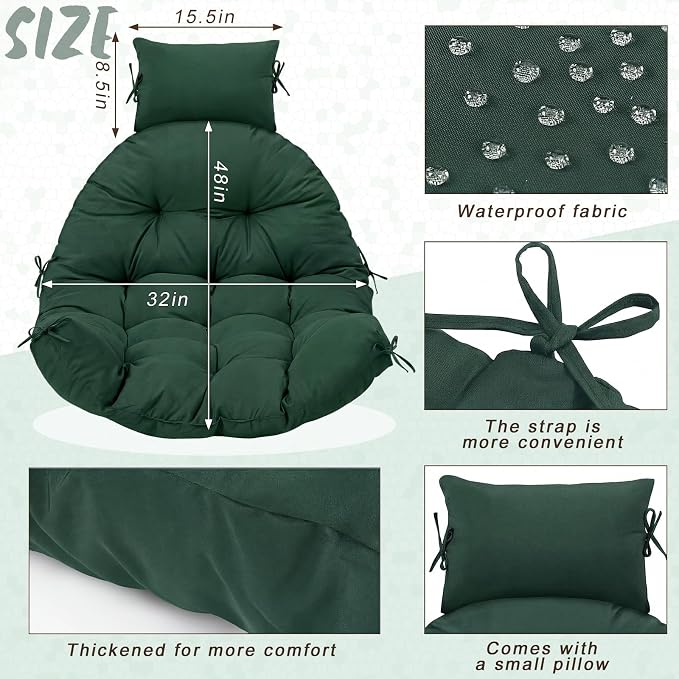 Tudomro Green Waterproof Egg Chair Cushion with Pillow Filling 2.58 kg Replacement Rocking Wicker Chair Cushion 48" x 32" High Back Hanging Swing Hammock Pad Thicken for Outdoor Patio Garden