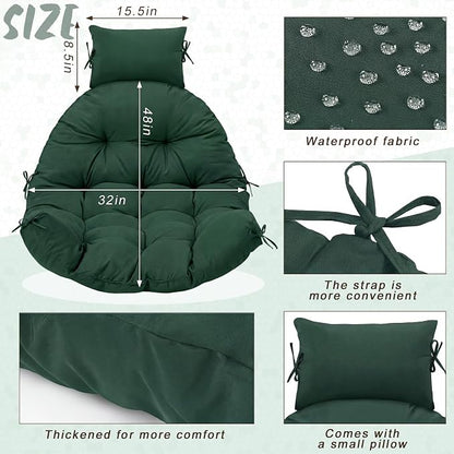 Tudomro Green Waterproof Egg Chair Cushion with Pillow Filling 2.58 kg Replacement Rocking Wicker Chair Cushion 48" x 32" High Back Hanging Swing Hammock Pad Thicken for Outdoor Patio Garden