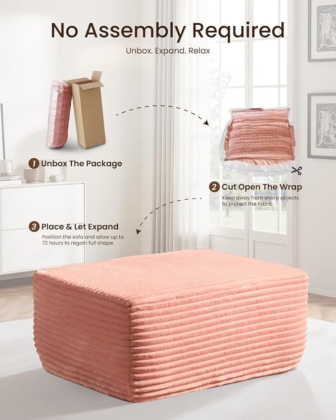37" Plush Boneless Ottoman, Upholstered Cloud Footrest for Boneless Couch in a Box,Oversize Poufs for Living Room & Bedroom Sofa Ottoman,Comfy Seating with Dense Foam, Pink (Plush Corduroy Fabric)