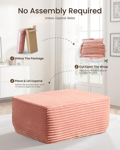 37" Plush Boneless Ottoman, Upholstered Cloud Footrest for Boneless Couch in a Box,Oversize Poufs for Living Room & Bedroom Sofa Ottoman,Comfy Seating with Dense Foam, Pink (Plush Corduroy Fabric)
