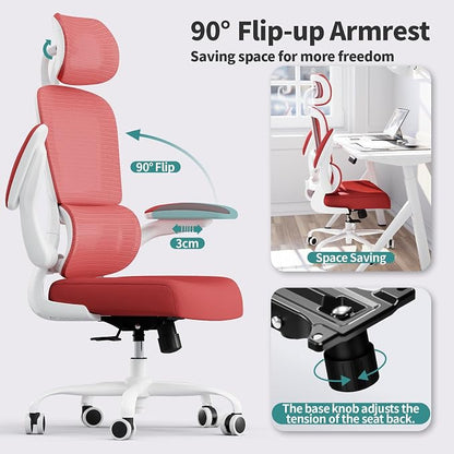 TRALT Office Chair Ergonomic Desk Chair, 330 LBS Home Mesh Office Desk Chairs with Wheels, Comfortable Gaming Chairs (1, Red)