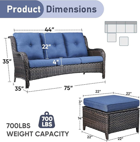 Outdoor Patio Furniture - 3 Seater Outdoor Rattan Wicker Sofa Patio Couch with Ottoman for Porch Deck Garden Backyard - Brown/Blue