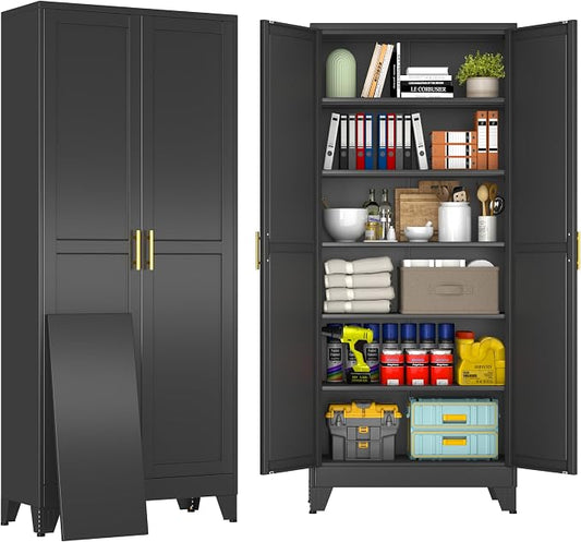 75" Black Metal Storage Cabinet with 2 Doors and 5 Adjustable Shelves,Steel Garage Tool Cabinet, File Cabinet,Kitchen Pantry Cabinet for Home,Office,Garage,School,Warehouse
