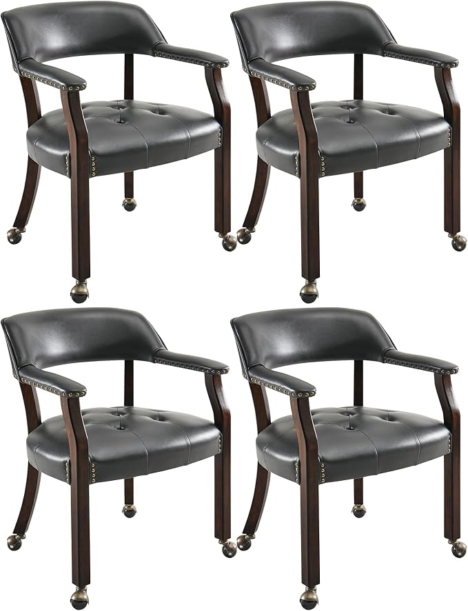 LEEMTORIG Set of 4 Large Dining Chairs with Casters and Arms, Rolling Dining Chairs with Wheels, Accent Game Table Chairs, Solid Wood Boss Caption's Office Chairs, Espresso Legs & Black, SY-318-BK
