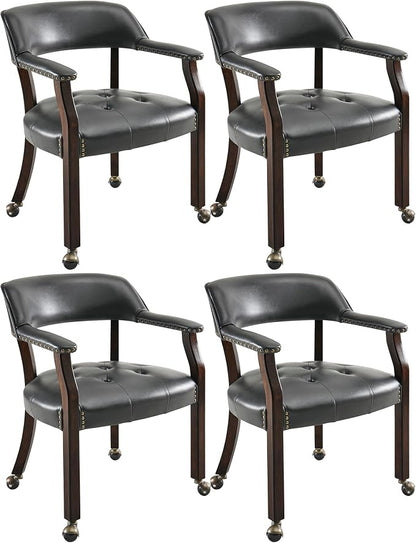 LEEMTORIG Set of 4 Large Dining Chairs with Casters and Arms, Rolling Dining Chairs with Wheels, Accent Game Table Chairs, Solid Wood Boss Caption's Office Chairs, Espresso Legs & Black, SY-318-BK