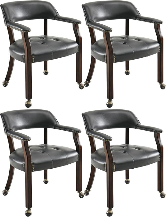 LEEMTORIG Set of 4 Large Dining Chairs with Casters and Arms, Rolling Dining Chairs with Wheels, Accent Game Table Chairs, Solid Wood Boss Caption's Office Chairs, Espresso Legs & Black, SY-318-BK