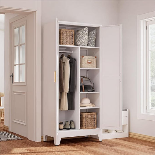 71" Tall Metal Armoire Wardrobe Closet with Hanging Rod and 3 Adjustable Shelves,White Storage Cabinet,Steel Wardrobe for Bedroom Garage Laundry Room Office Apartment Amployees,6 Tier 1 Pack