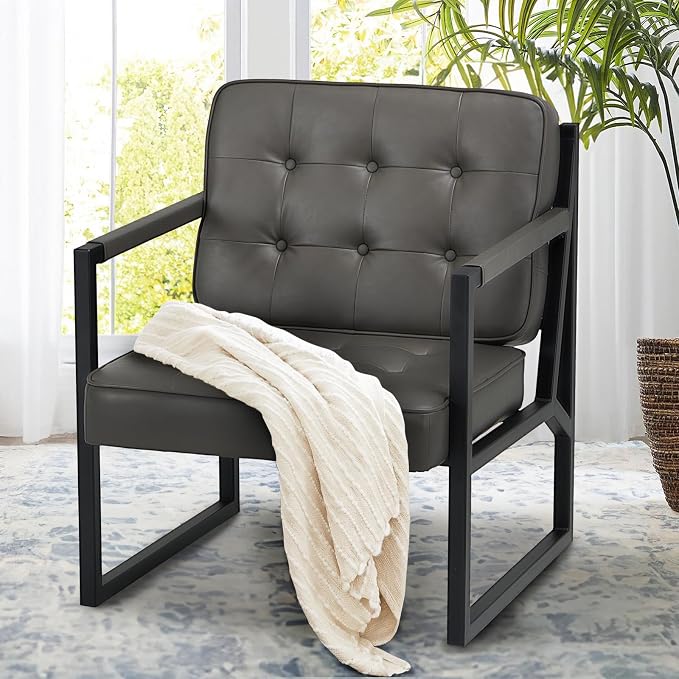 COLAMY Modern Accent Chair, Accent Arm Chair for Living Room, Comfy Leather Armchair with Metal Legs for Bedroom Reception Waiting Room, Grey