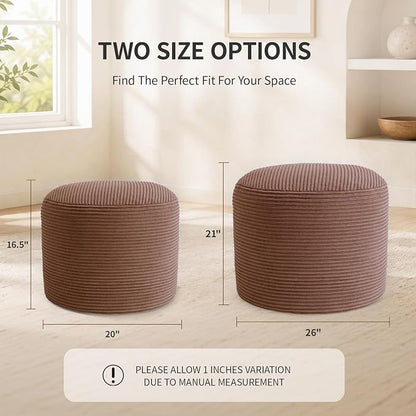 Stuffed Pouf Ottoman Foot Rest with 2.8-inch Solid Foam Base | Odorless Filling Resists Clumping, Washable Corduroy Cover, Round Foot Stool for Living Room Couch Lounging and Home Decor
