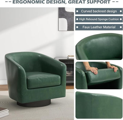 Swivel Barrel Accent Chairs Set of 2, Faux Leather Armchair for Living Room, Green