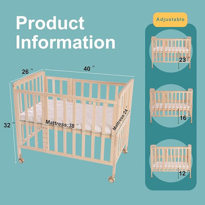 Flwrgirl Mini Baby Crib with Mattress,Portable Bedside Bassinet Sleeper,5 Adjustable Heights,Wood Nursery Crib with Locking Wheels,Compact Baby Bed for Newborns Infants,Unpainted