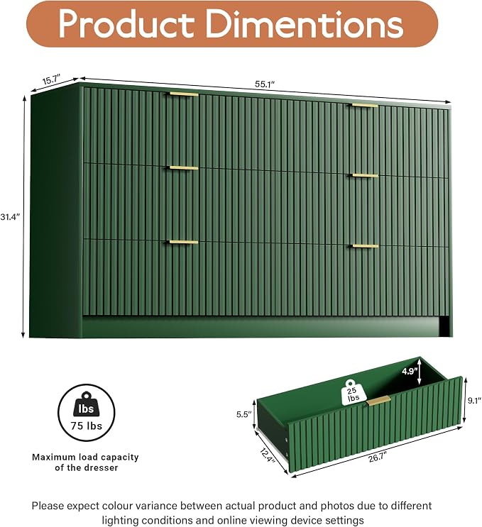 Furniway Green Dresser for Bedroom, Modern Dresser with 6 Drawers and Smooth Slides, Wide Chest of Drawers with Golden Handles for Bedroom, Living Room, Closet, 15.7" D x 55.1" W x 31.4" H