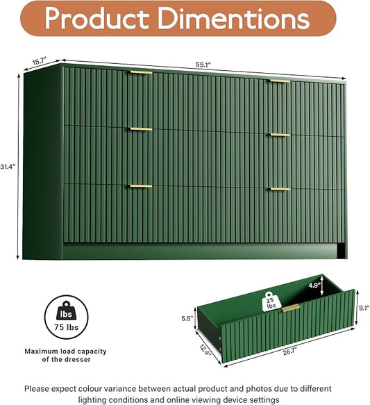 Furniway Green Dresser for Bedroom, Modern Dresser with 6 Drawers and Smooth Slides, Wide Chest of Drawers with Golden Handles for Bedroom, Living Room, Closet, 15.7" D x 55.1" W x 31.4" H