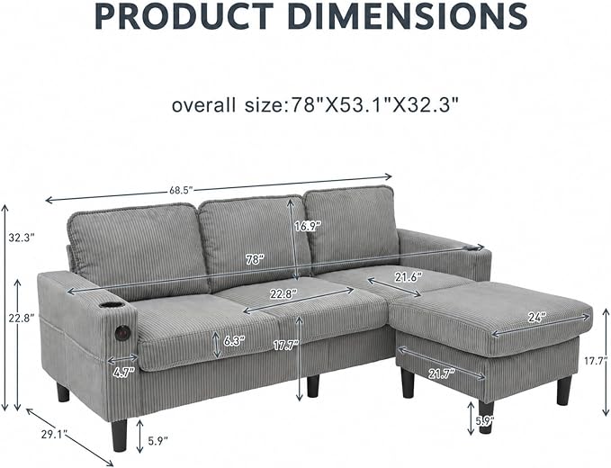 67'' L-Shaped Velvet Modular Sectional Couch Sofa with Ottoman, 3-Seat Convertible Cloud Deep Seat Sofa Couches for Living Room Bedroom Apartment, Cozy Chaise Lounge Sofas (Ligth Grey)