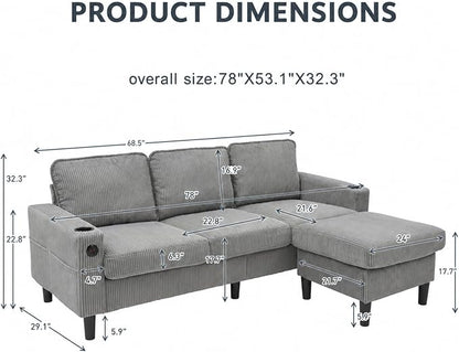 67'' L-Shaped Velvet Modular Sectional Couch Sofa with Ottoman, 3-Seat Convertible Cloud Deep Seat Sofa Couches for Living Room Bedroom Apartment, Cozy Chaise Lounge Sofas (Ligth Grey)