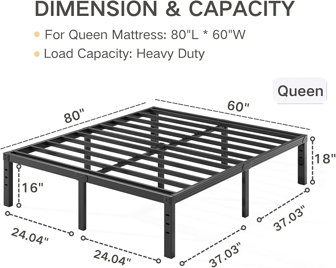 Queen Bed Frame Heavy Duty,18" Black Metal Platform Bed Frame,Sturdy Steel Frames,No Box Spring Needed,Noise-Free,Easy Assembly