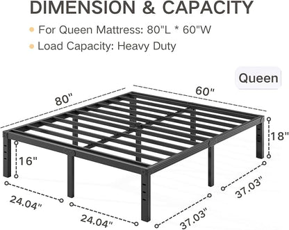 Queen Bed Frame Heavy Duty,18" Black Metal Platform Bed Frame,Sturdy Steel Frames,No Box Spring Needed,Noise-Free,Easy Assembly
