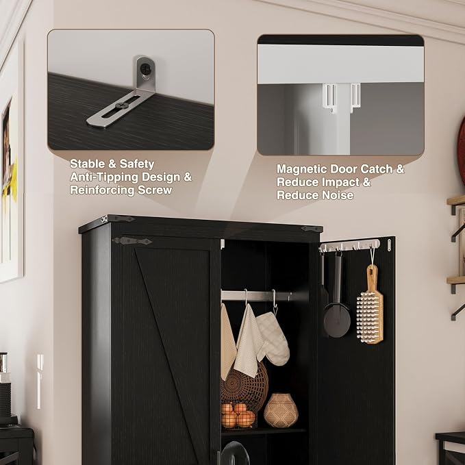 Befrases Black Farmhouse Storage Cabinet with Adjustable Shelves, Large Pantry Organize with 2 Barn Doors, Tall Freestanding Cabinet for Kitchen, Bathroom, Garage, Basement, Living, Utility Room
