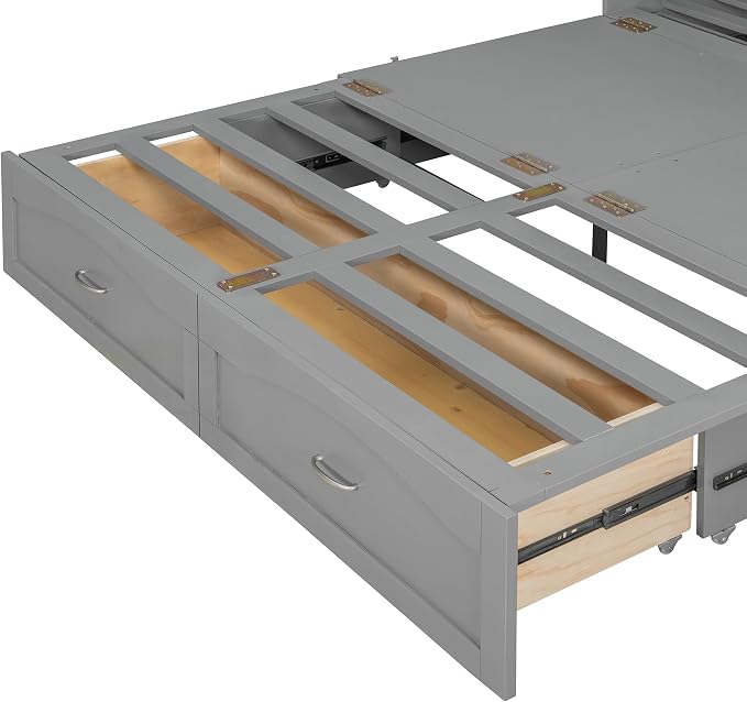 Ball & Cast Wall Bed Queen Size Murphy Beds with Drawer and a Set of Sockets,Multi-Functional Hideaway Cabinet w/USB Ports,Pulley Structure Design,Space Saving for Bedroom,Apartment,Studio,Gray