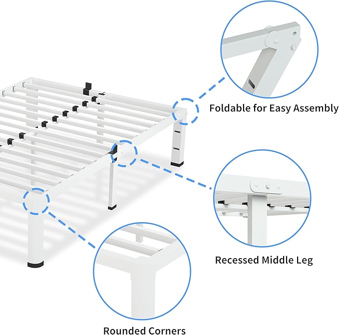 VIPSHOW 18 Inch King Size White Bed Frame, 3500Lbs Heavy Duty Metal Platform with Round Corner Legs Mattress Slide Stopper, Steel Slat Support No Box Spring Needed, Noise Free, Non-Slip, Easy Assembly