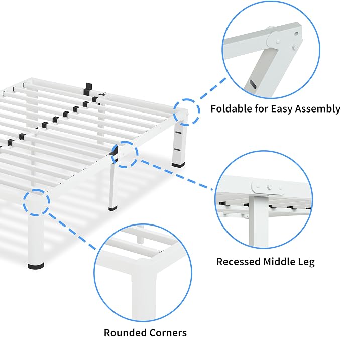 VIPSHOW 20 Inch King Size White Bed Frame, 3500Lbs Heavy Duty Metal Platform with Round Corner Legs Mattress Slide Stopper, Steel Slat Support No Box Spring Needed, Noise Free, Non-Slip, Easy Assembly