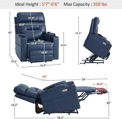 MCombo Lift Chair for Tall Man 6‘6’’, Dual Motor Power Lift Recliner Chair for Elderly, Lay Flat for Sleeping, Heat and Massage, USB & Type C, Faux Leather 7755 (Blue)