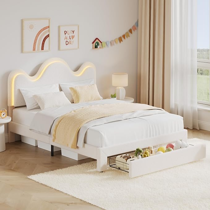 IDEALHOUSE Full Bed Frame with LED Headboard and Under-Bed Drawer, Metal Upholstered Platform Bed with LED Light for Kids, Girls, Lamb Fleece Fabric, Wooden Slats Support, No Box Spring Needed, White